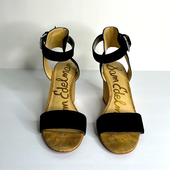Sam Edelman Black Suede Cork Heel Wedge Sandal Size 9 - Picture 6 of 9